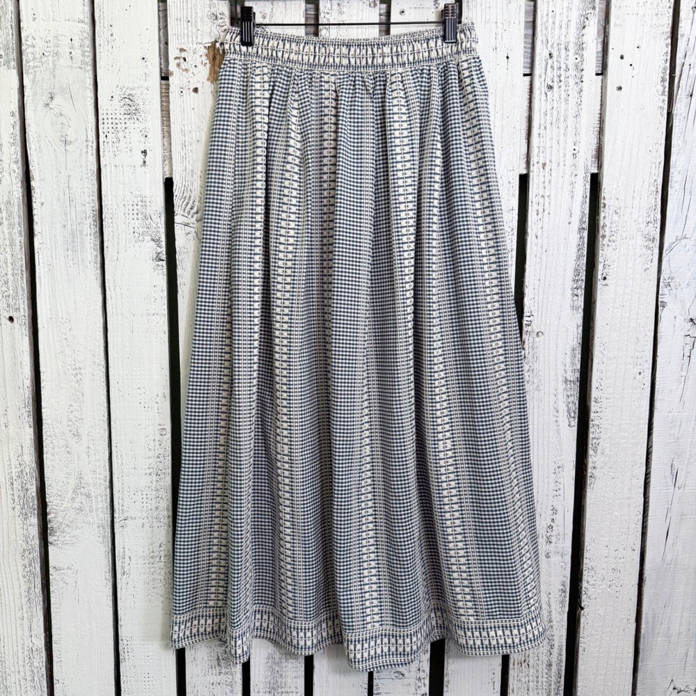 Max Studio London Navy Gingham Midi Skirt M Embroidered Pockets Boho Cottogecore